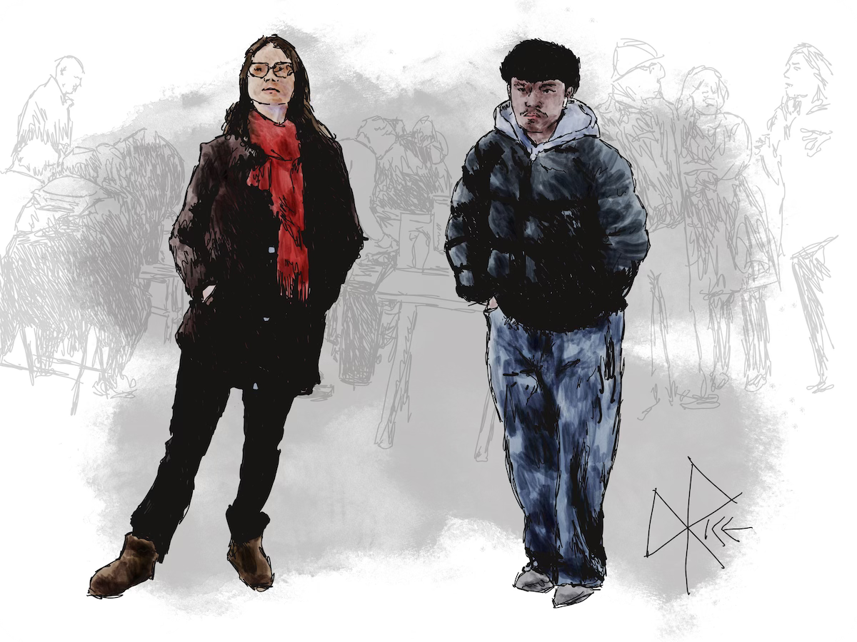 Dressed in winter parkas and warming their bare hands by hiding them in pockets, two people stand and shuffle in silence while attending a gallery opening. Sketch art by Don Rice.
