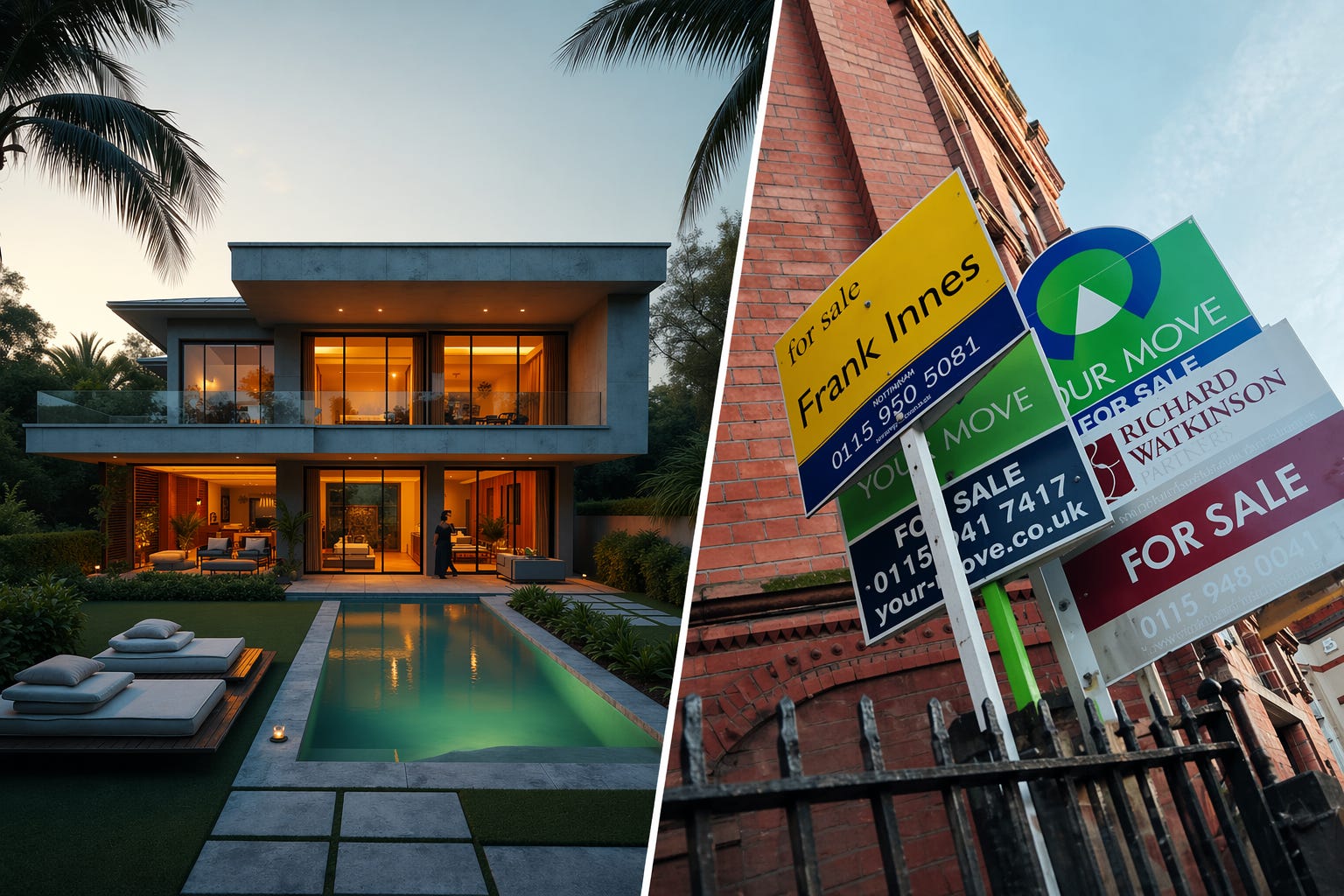 A split scene contrasts a serene Jamaican luxury villa with the busy UK property market, capturing two housing worlds shaped by the same global pressures.