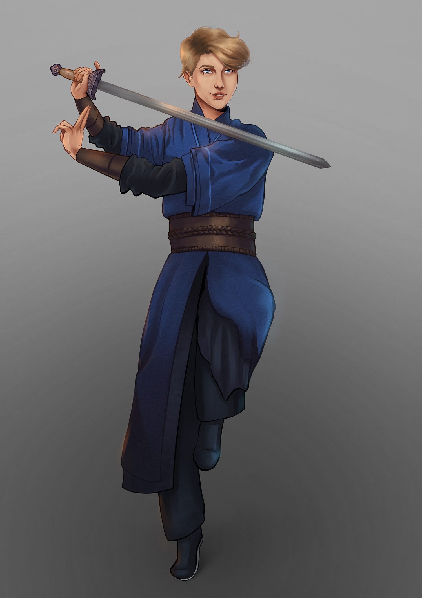 Character art of Aili Fallon, a white woman with blue eyes and short blond hair, dressed in black and blue cultivation robes. She is standing in a martial arts pose, one foot raised, holding a sword angled across her shoulders, with her free hand beneath it, two fingers raised.