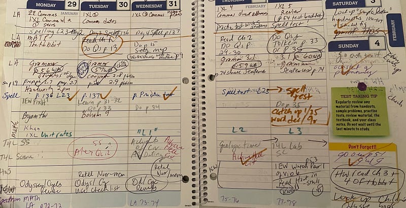 School calendar with handwritten lessons scrawled across.
