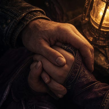 Fleetwood’s hand clasped gently around Clarion’s in warm lantern light, close-up focus on their intertwined fingers. Soft Barovian Gothic atmosphere, golden lantern glow illuminating worn gloves and calloused hands, shadows deepening around the edges. Intimate, quiet, reverent.