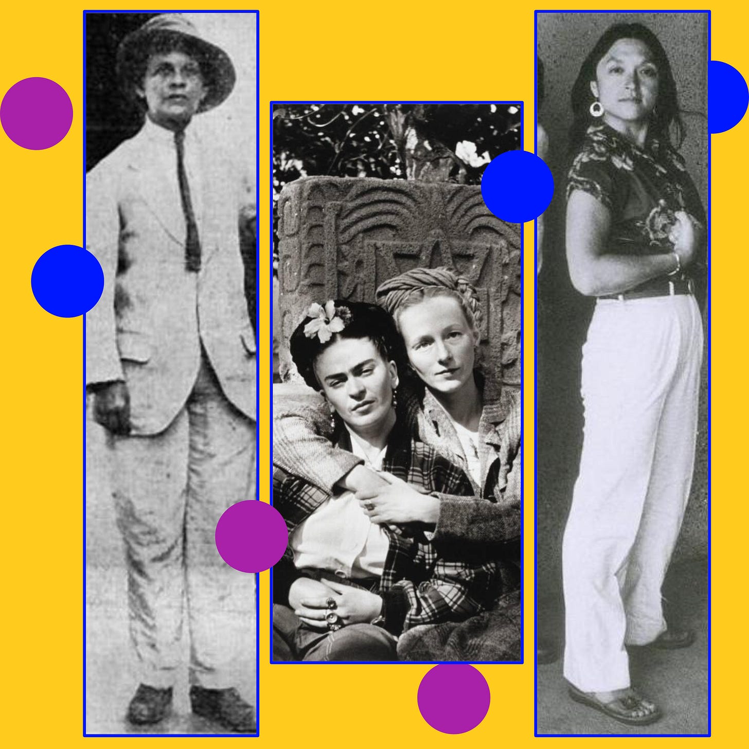 Luisa Capetillo (black and white photo standing in a light colored suit, with a hat), Emmy Lou Packackard (a fair white woman with a hair wrap) embracing Frida Kahlo (wearing a flower in her hair and a plaid jacket) in front of a stone sculpture; Merle Woo (an Asian American woman with long dark hair standing with her arm flexed) Luisa Capetillo (black and white photo standing in a light colored suit, with a hat), Emmy Lou Packackard (a fair white woman with a hair wrap) embracing Frida Kahlo (wearing a flower in her hair and a plaid jacket) in front of a stone sculpture; Merle Woo (an Asian American woman with long dark hair standing with her arm flexed)