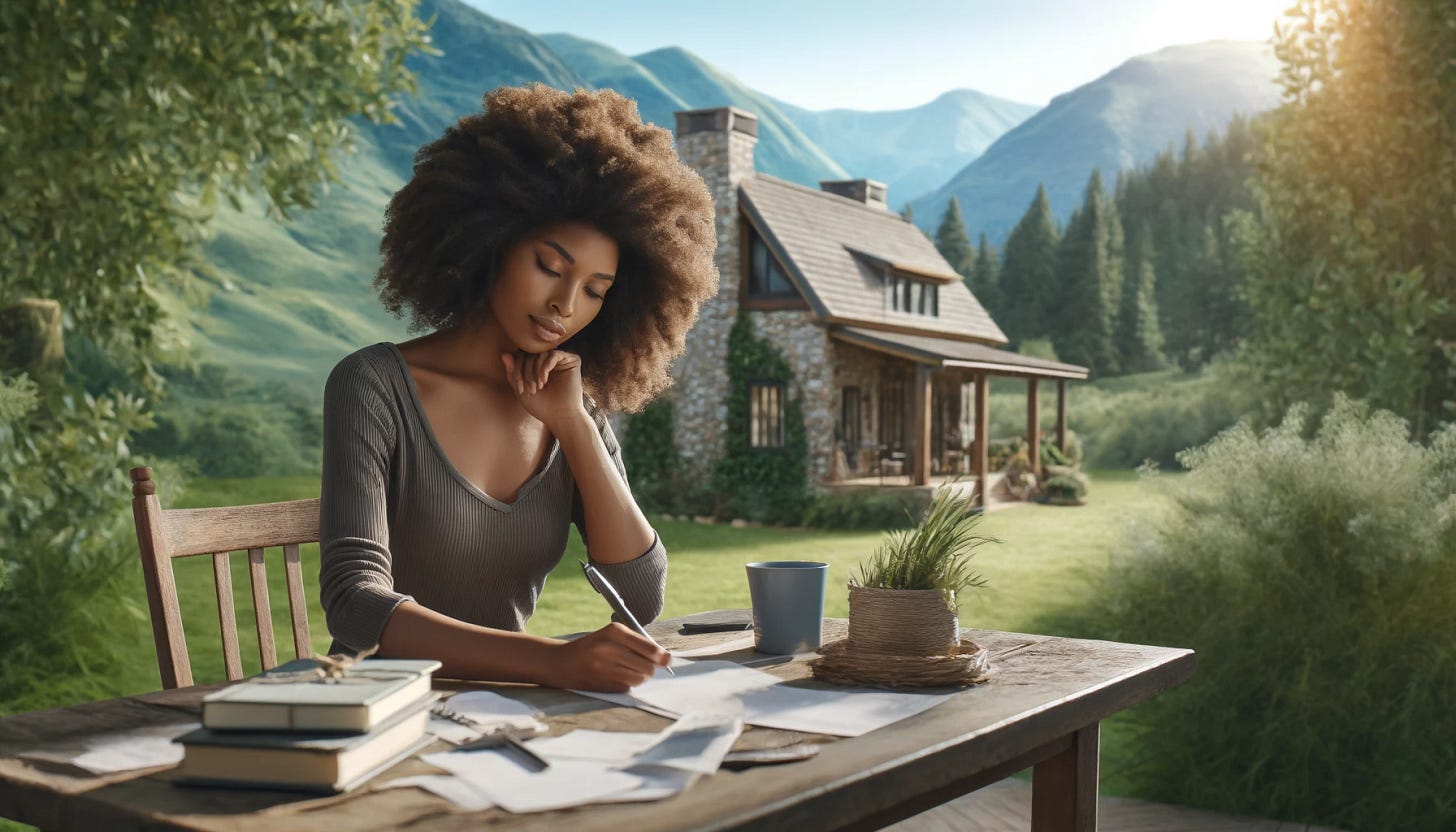 An African American woman sitting outside in the mountains at a table in front of a cozy home, writing a letter. The scene is serene with lush green mountains in the background, a clear blue sky, and a gentle breeze rustling through the trees. The woman has curly hair and is wearing a casual yet stylish outfit, focused on her writing. The table has a few scattered papers, a pen, and a cup of coffee. The home is quaint, with a rustic charm, surrounded by nature.