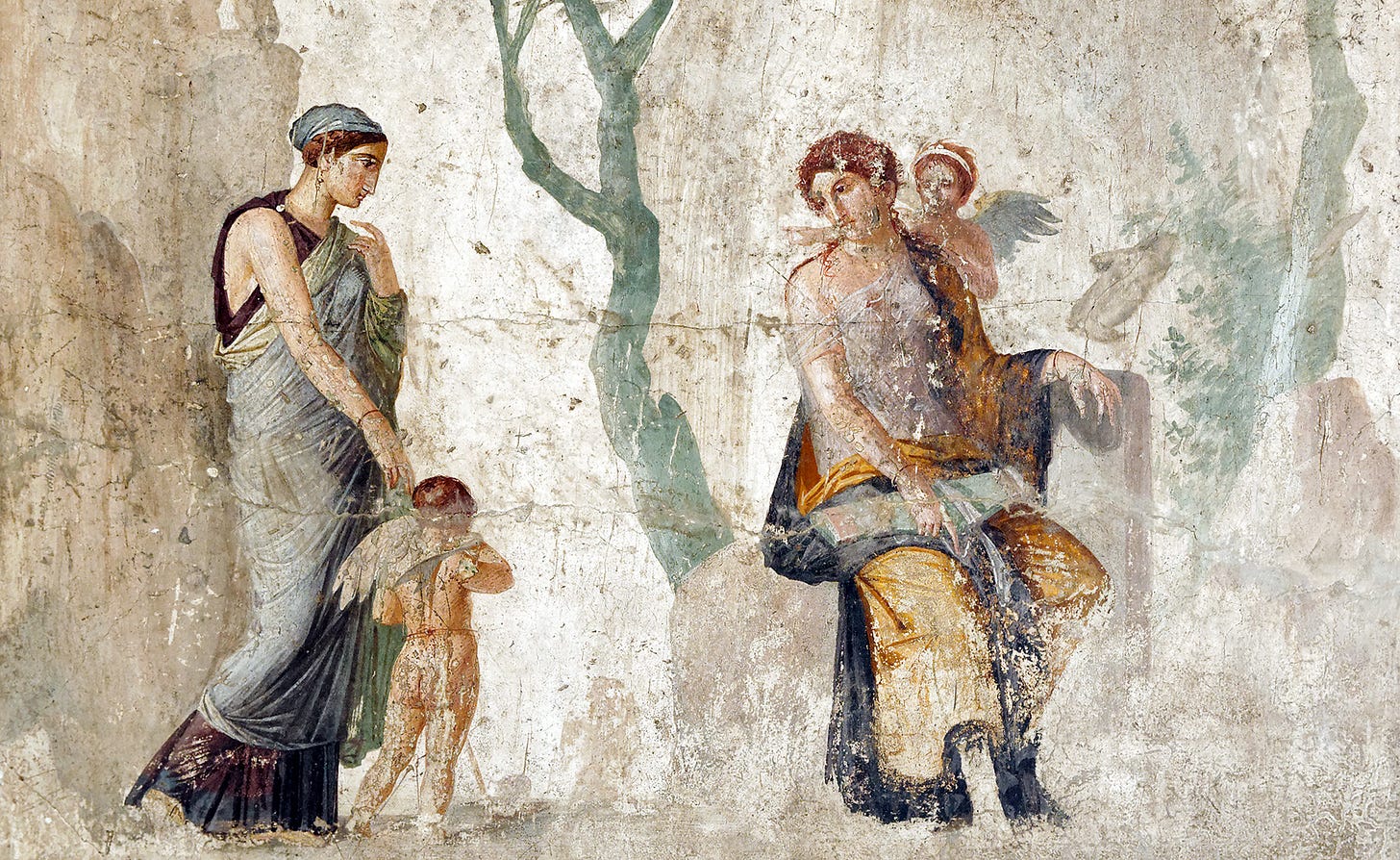 Pompeiian fresco of Eros being brought by Peitho to Aphrodite Pompeiian fresco of Eros being brought by Peitho to Aphrodite