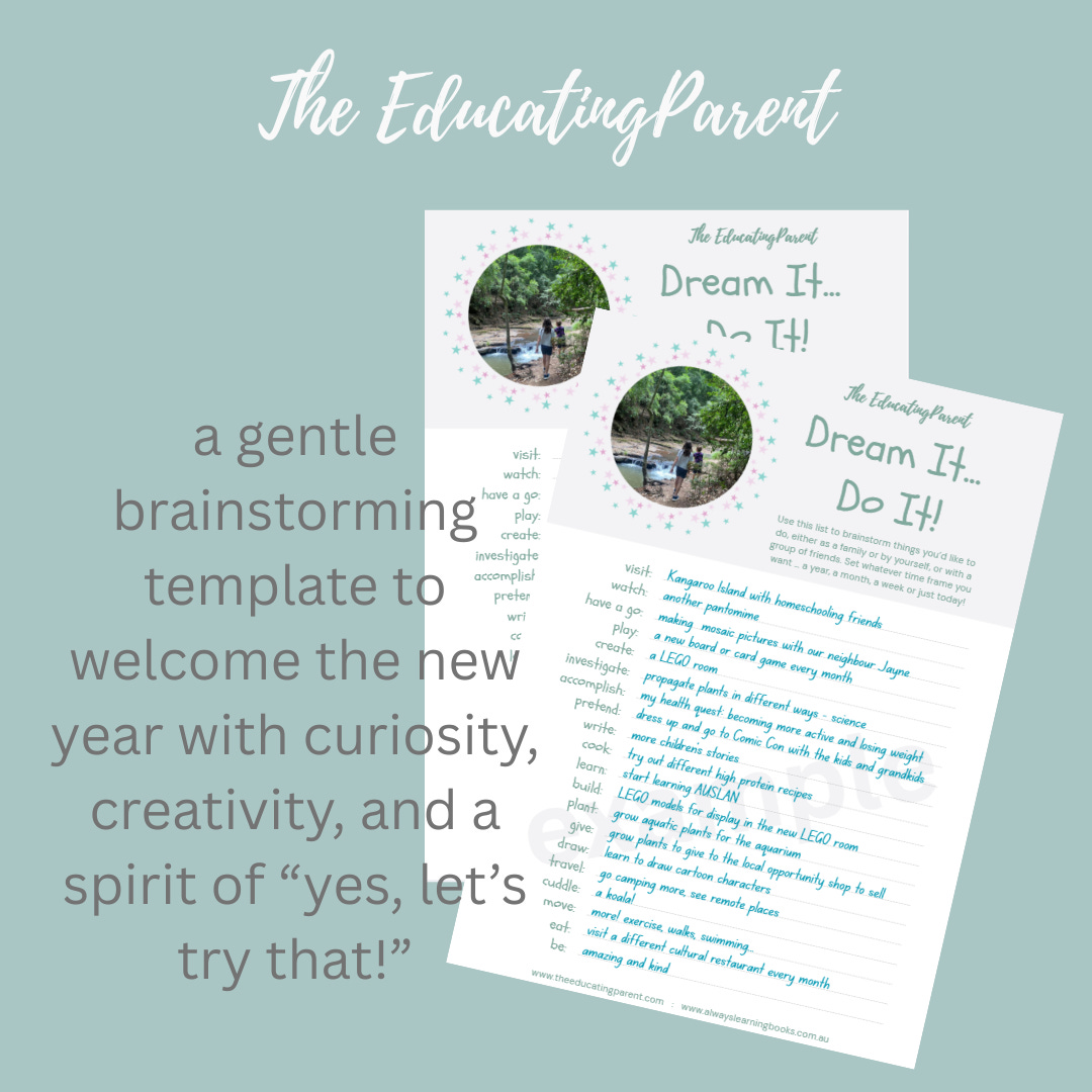 advertisement featuring examples of the Dream It Do It homeschooling brainstorming template on a green background 