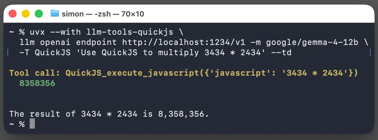 Output reads Tool call: QuickJS_execute_javascript({'javascript': '3434 * 2434'}) 8358356 The result of 3434 * 2434 is 8,358,356.