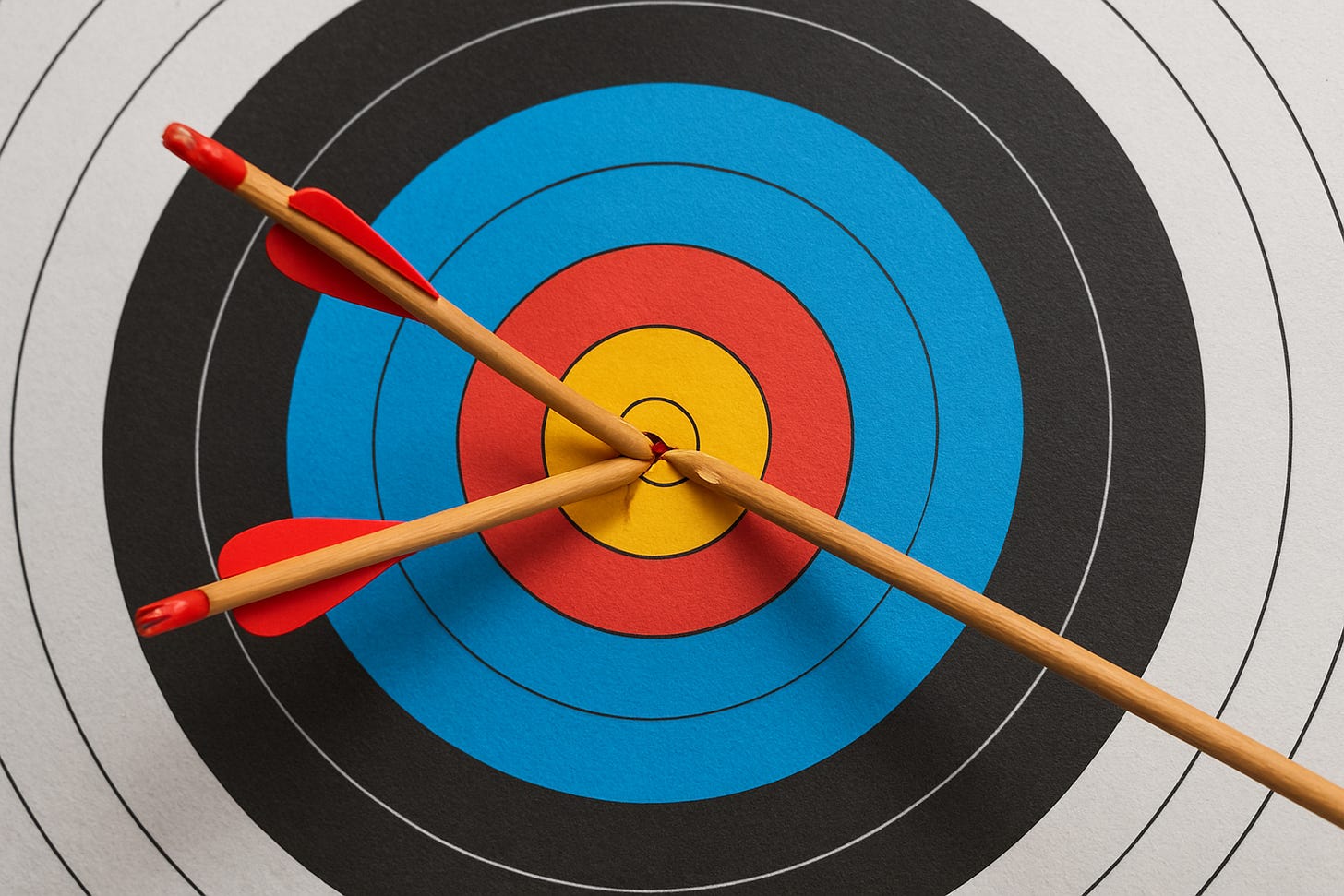 Two yellow and red arrows hitting a yellow and red bulls eye. The outer rings of the bulls eye are blue, black and gray.