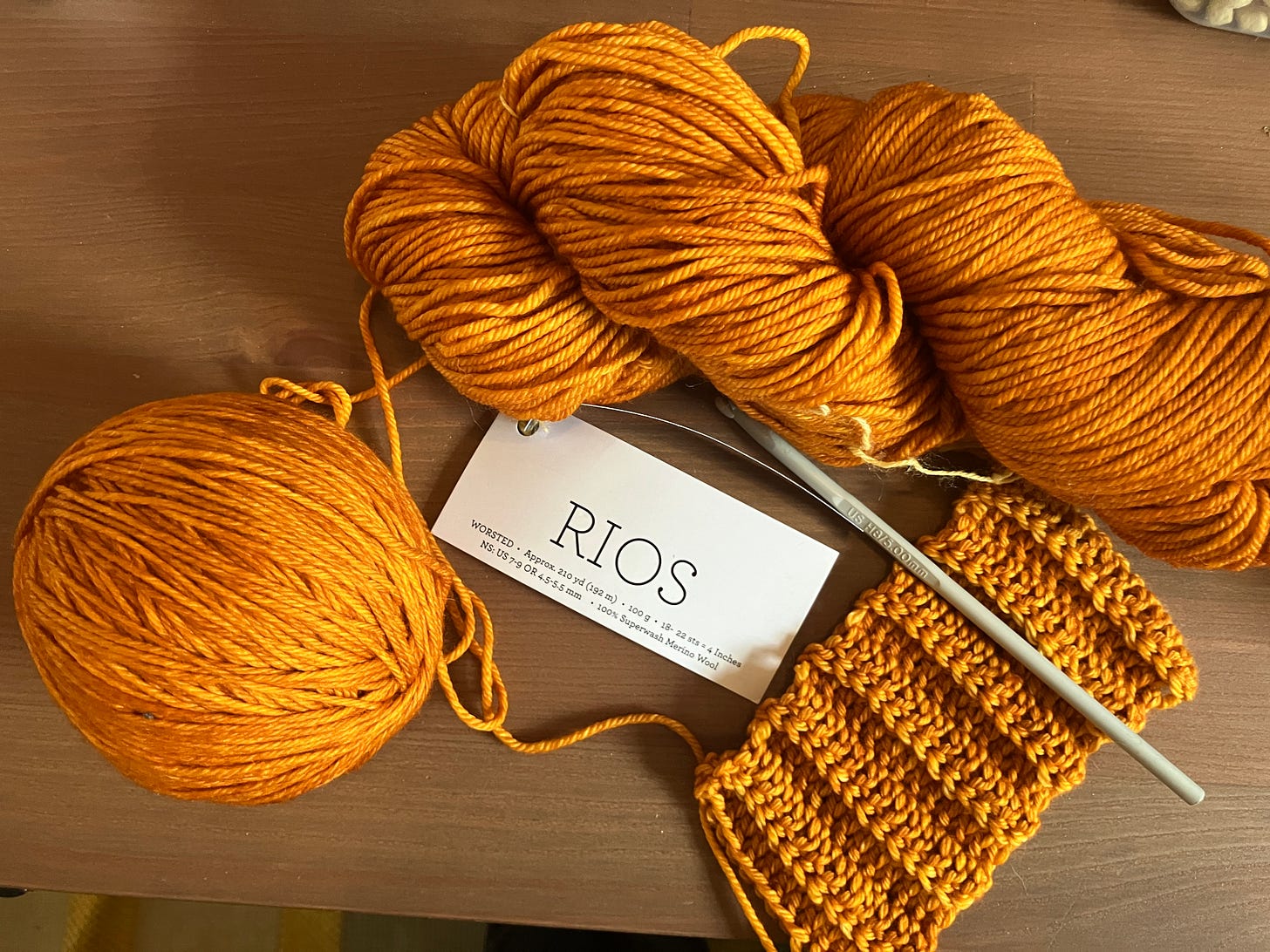 Closeup of start of crochet project in a rich burnt orange yarn.