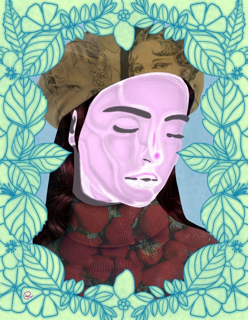 Arte digital mescla colagem e ilustração. Nela está o rosto de uma moça de pele rosada, cabelos escuros avermelhados, usando um suéter com estampa de morangos e uma boina estampada com rostos comuns em antigas ilustrações de revistas. Seu rosto é preenchido com uma pintura rabiscada que varia do lilás ao branco. A moça está emoldurada por um padrão de folhagens e flores em verde claro.