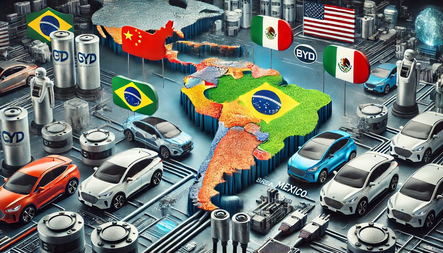 An image representing Latin America's electric vehicle (EV) boom, highlighting China's BYD and other EV manufacturers. In the center, show a map of Latin America with electric vehicle icons (e.g., sleek modern cars) scattered across key countries like Brazil, Mexico, and Chile. Overlay flags of China, the U.S., and Mexico on opposite sides, suggesting geopolitical tension. Surround the map with images of lithium mines, EV batteries, and cables, emphasizing the race for resources like lithium in South America. The overall tone should convey competition and innovation.