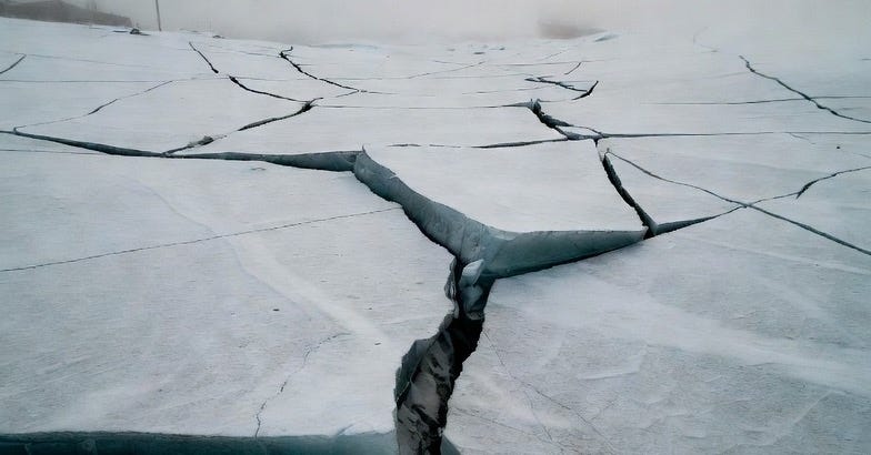 A photograph of fractured ice symbolizing fragmented climate consensus in a misty, overcast setting. A photograph of fractured ice symbolizing fragmented climate consensus in a misty, overcast setting.