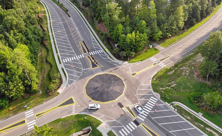Left: aerial view of a traditional roundabout. Right: a modular roundabout like the one being constructed in Stafford at Banks Ford and Celebrate Virginia parkways. Photos courtesy VDOT. 