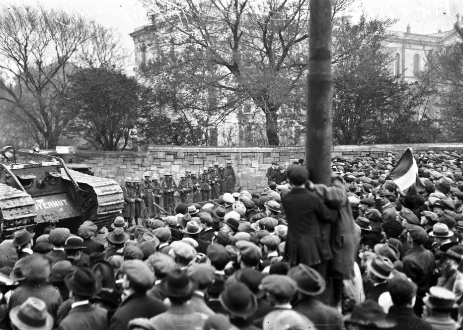 British Soldiers, a tank and an armoured car block protestors supporting an IRA hunger strike in Mountjoy Prison, Ireland, 1920. British Soldiers, a tank and an armoured car block protestors supporting an IRA hunger strike in Mountjoy Prison, Ireland, 1920.