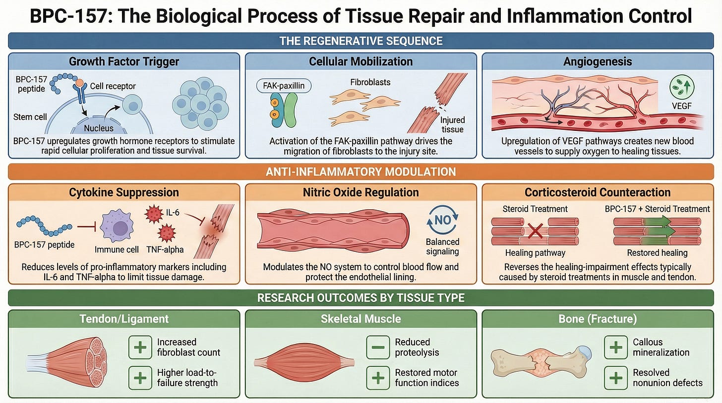 A scientific diagram titled "BPC-157: The Biological Process of Tissue Repair and Inflammation Control" illustrating the regenerative sequence, anti-inflammatory modulation, and research outcomes for tendon, muscle, and bone health.