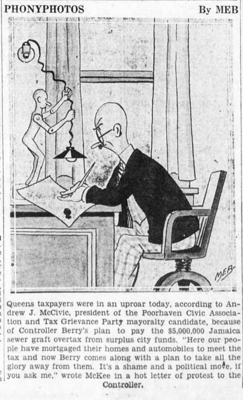 Images show a series of cartoons from the Brooklyn Daily Eagle featuring a civic worker named Andrew J. McCivic.