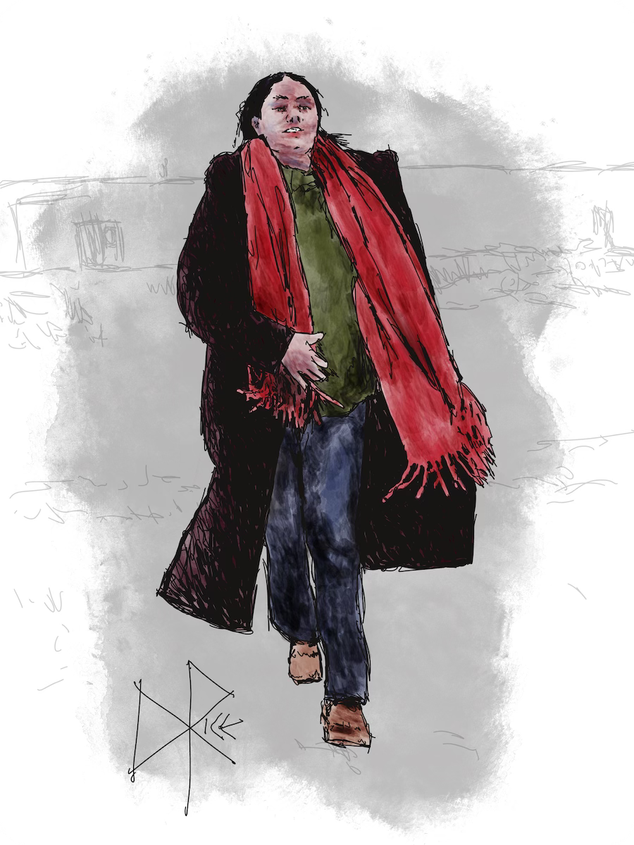A woman walking outdoors in winter, with the wind blowing at her scarf and open overcoat. Sketch art by Don Rice.