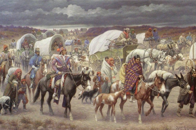 Painting depicting Cherokee people riding, walking, and driving wagons on the Trail of Tears.