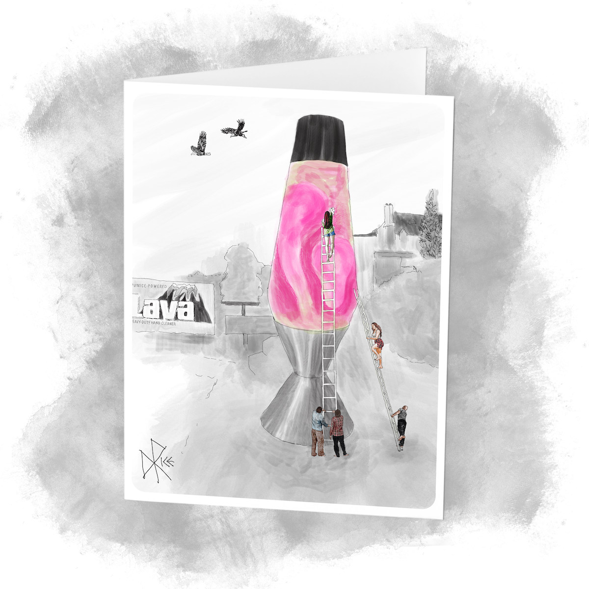 Townsfolk use two rickety looking ladders, propped against the oversized lava lamp in their town square, to polish the glass. They seem to really like lava there, as a background billboard advertises Lava Soap. Sketch art by Don Rice. Townsfolk use two rickety looking ladders, propped against the oversized lava lamp in their town square, to polish the glass. They seem to really like lava there, as a background billboard advertises Lava Soap. Sketch art by Don Rice.