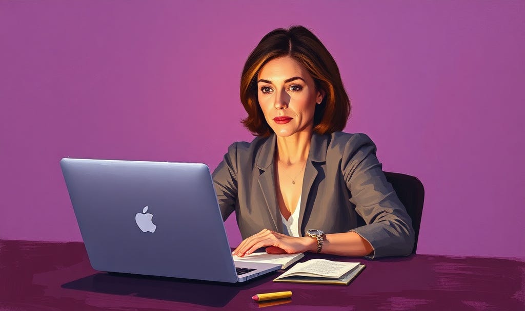 Abstract expressionist painting of a female marketing leader in her early 40s, seated alone at her desk after hours, viewed from a three-quarter angle.