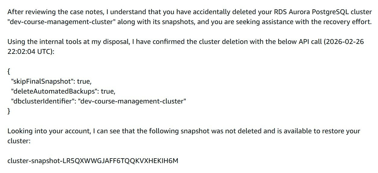 AWS support response confirming the cluster deletion and finding an available snapshot