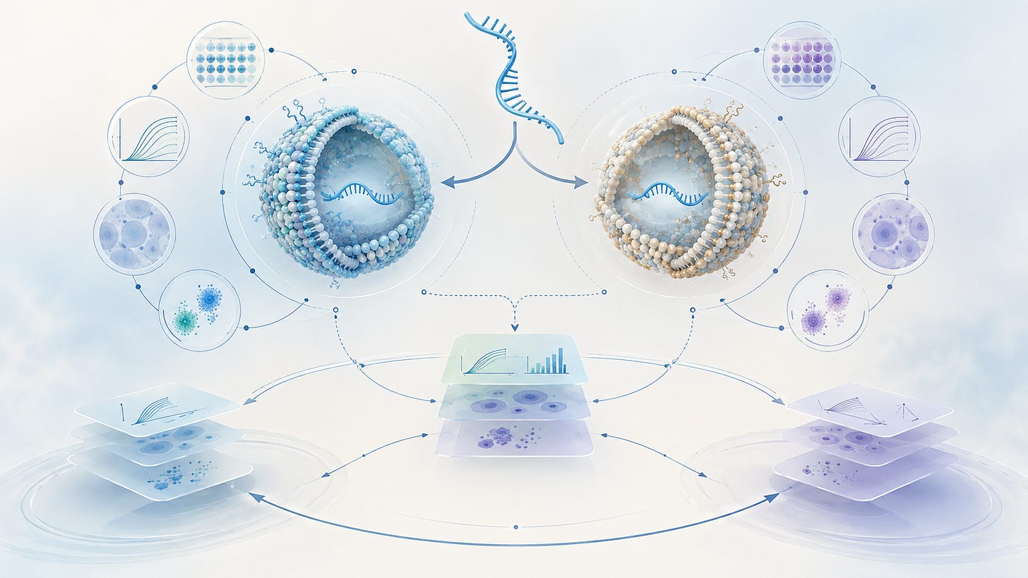 Pale blueprint-style illustration with one RNA strand branching into a blue LNP and a cream LNP, surrounded by circular assay icons and layered evidence panels connected by fine lines. Pale blueprint-style illustration with one RNA strand branching into a blue LNP and a cream LNP, surrounded by circular assay icons and layered evidence panels connected by fine lines.