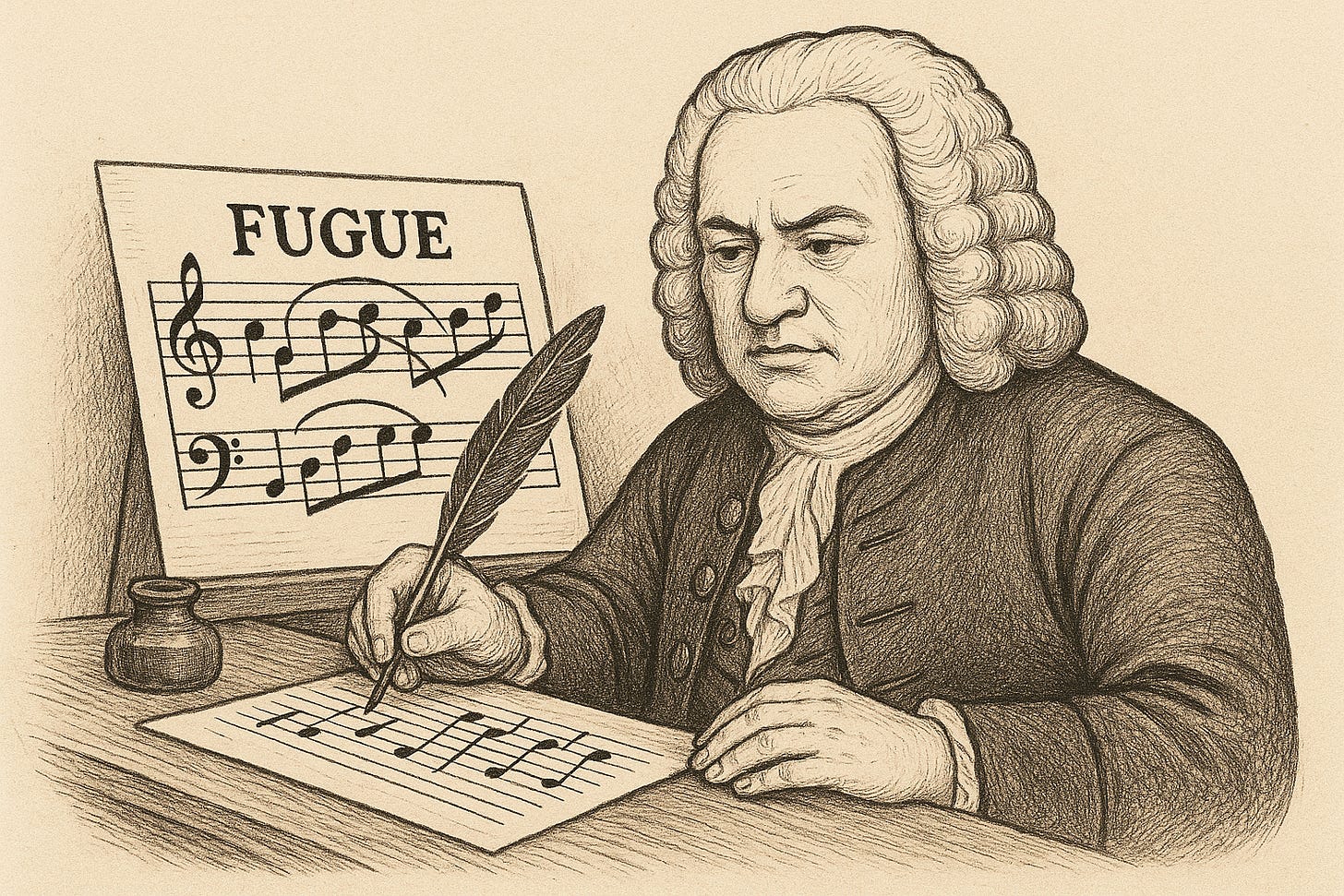 A traditional ink drawing in a realistic style depicting Johann Sebastian Bach composing a fugue. Bach is shown seated at a wooden desk, wearing a dark coat, ruffled white shirt, and his characteristic curled white wig. He holds a quill pen in his right hand, poised over a sheet of music with notes visible. On the desk is an inkwell, and behind him rests a music stand displaying another sheet labeled "FUGUE" with flowing musical notes. Bach's face shows a focused, contemplative expression as he writes.