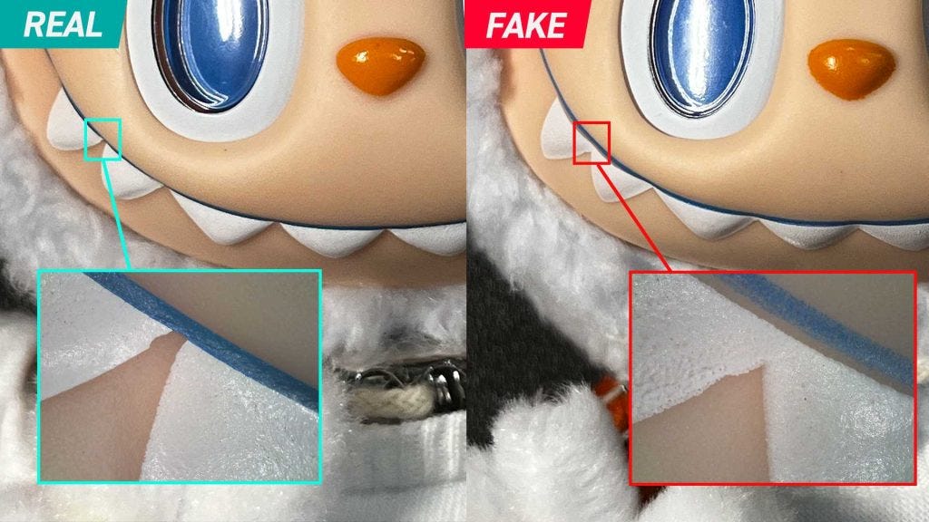 Side‑by‑side photos of a plush toy’s head labelled REAL and FAKE with callouts highlighting differences in stitching and fabric texture.