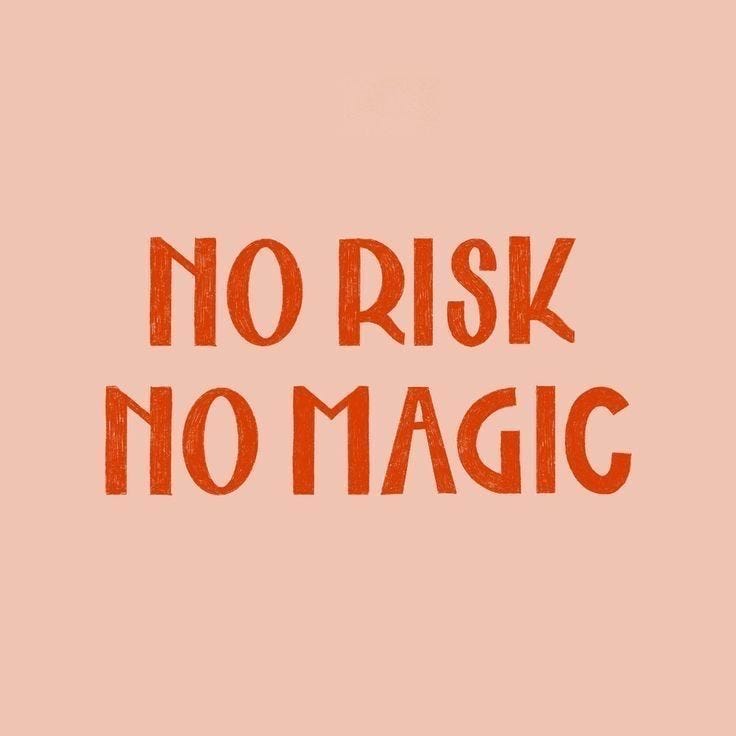 This may contain: the words no risk, no magic written in red on a pink background with an orange outline This may contain: the words no risk, no magic written in red on a pink background with an orange outline