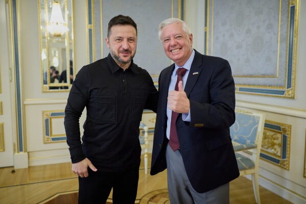 In this photo provided by the Ukrainian Presidential Press Office, Ukrainian President Volodymyr Zelenskyy, left, and U.S. Sen. Lindsey Graham, R-S.C. in Kyiv, Ukraine, Friday, July 10, 2026. (Ukrainian Presidential Press Office via AP)
