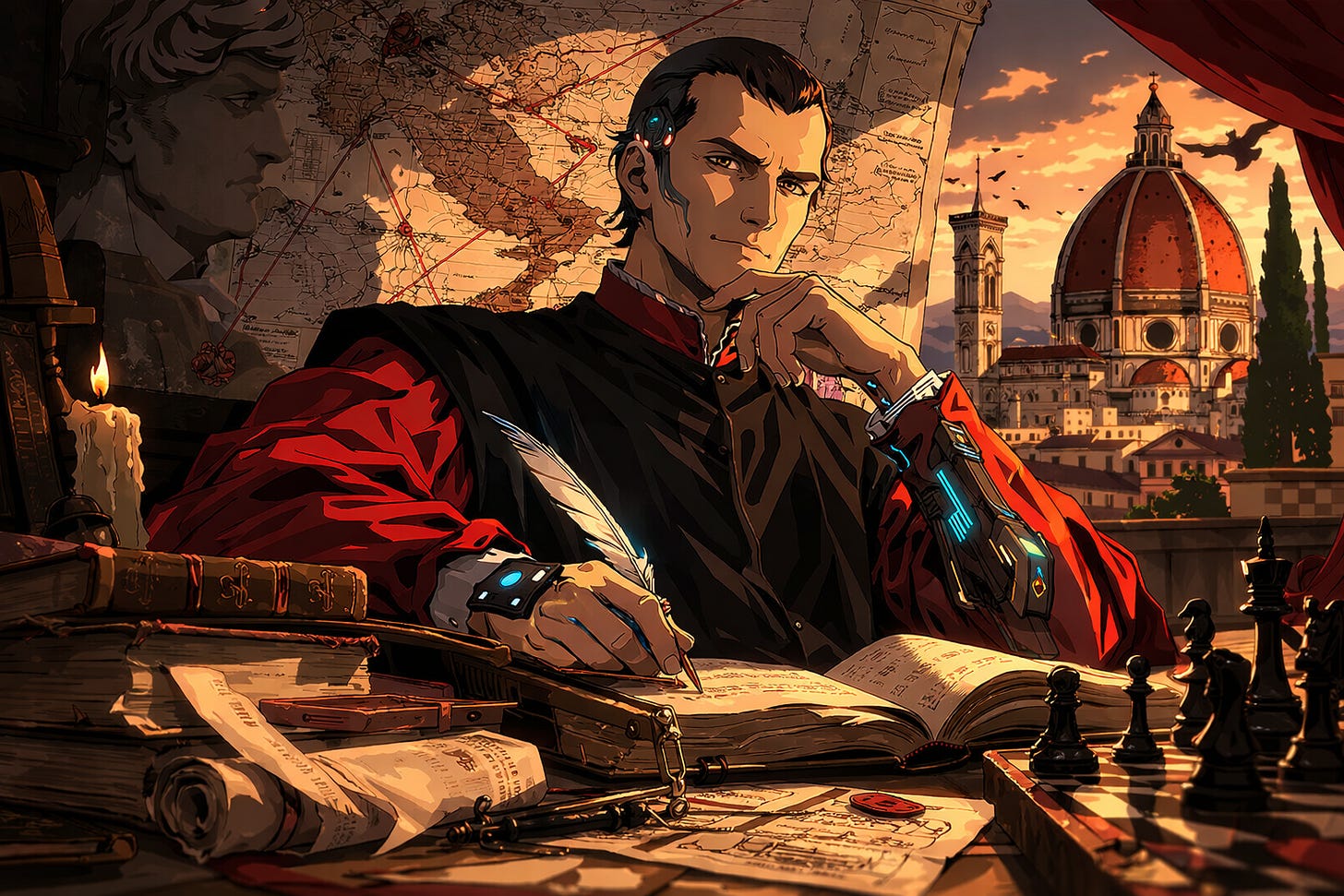 Maquiavel estudando, detalhes cyberpunk. Maquiavel estudando, detalhes cyberpunk.