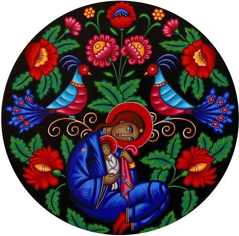 A collection of images of Mary at the manger: 1. Albin Egger-Lienz; 2. Sandra Bierman;