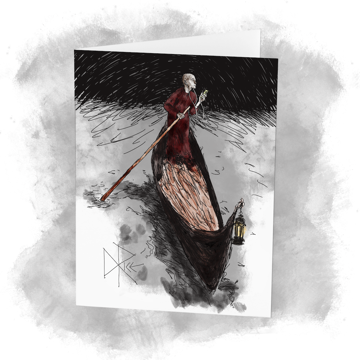 Rockin’ like it is 2003 with his white wired earbuds, Charon (the ferryman of the underworld in Greek mythology) propels the boat with an oar in one hand as he scrolls on a mobile phone with the other. Sketch art by Don Rice. Rockin’ like it is 2003 with his white wired earbuds, Charon (the ferryman of the underworld in Greek mythology) propels the boat with an oar in one hand as he scrolls on a mobile phone with the other. Sketch art by Don Rice.