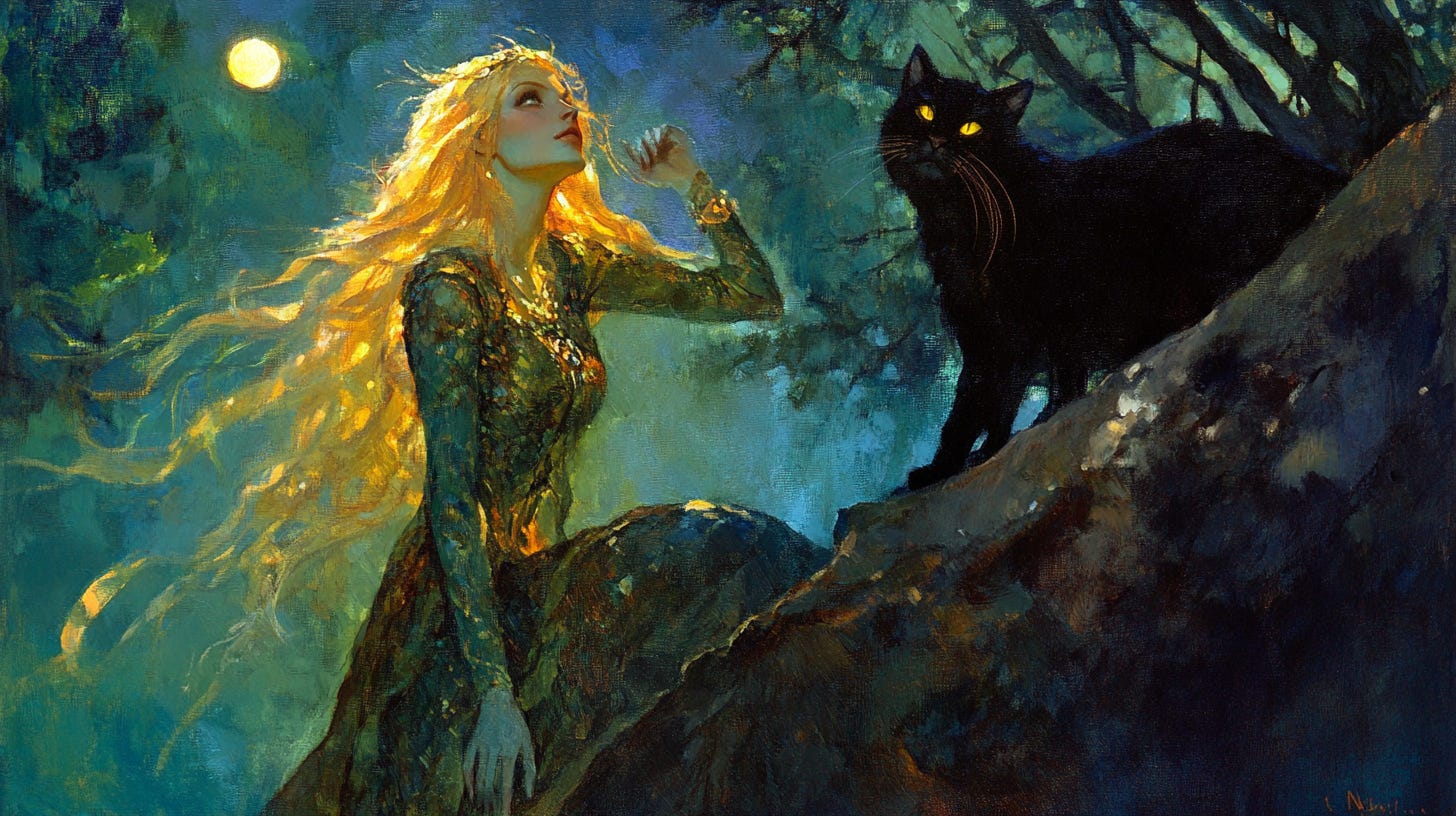 A fantasy queen with a majestic feline companion, adorned in royal garments, flowing golden hair, ethereal glow, intricate details, mystical scenery --ar 16:9 --sref 2652678841 —v 6.1 A fantasy queen with a majestic feline companion, adorned in royal garments, flowing golden hair, ethereal glow, intricate details, mystical scenery --ar 16:9 --sref 2652678841 —v 6.1