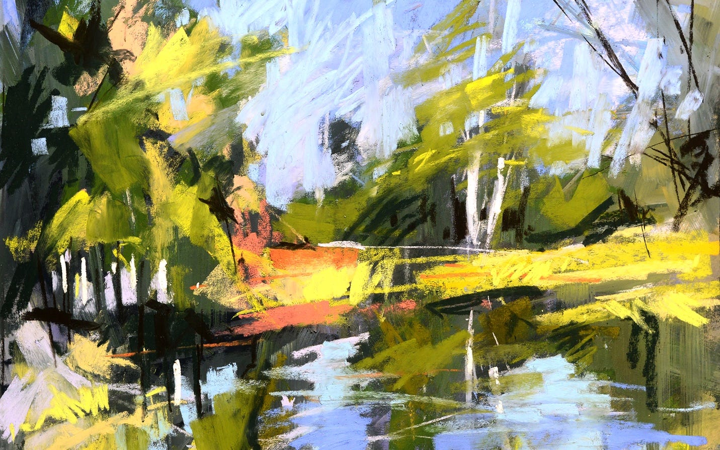 A painting of a lake with trees and grass
AI-generated content may be incorrect.