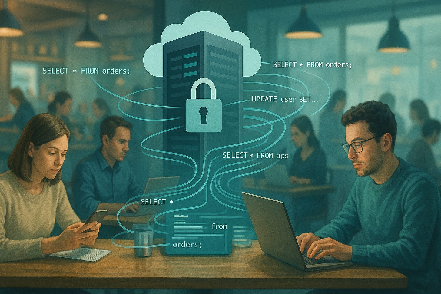 People in a café working on devices while SQL queries flow to a secure cloud database server. People in a café working on devices while SQL queries flow to a secure cloud database server.