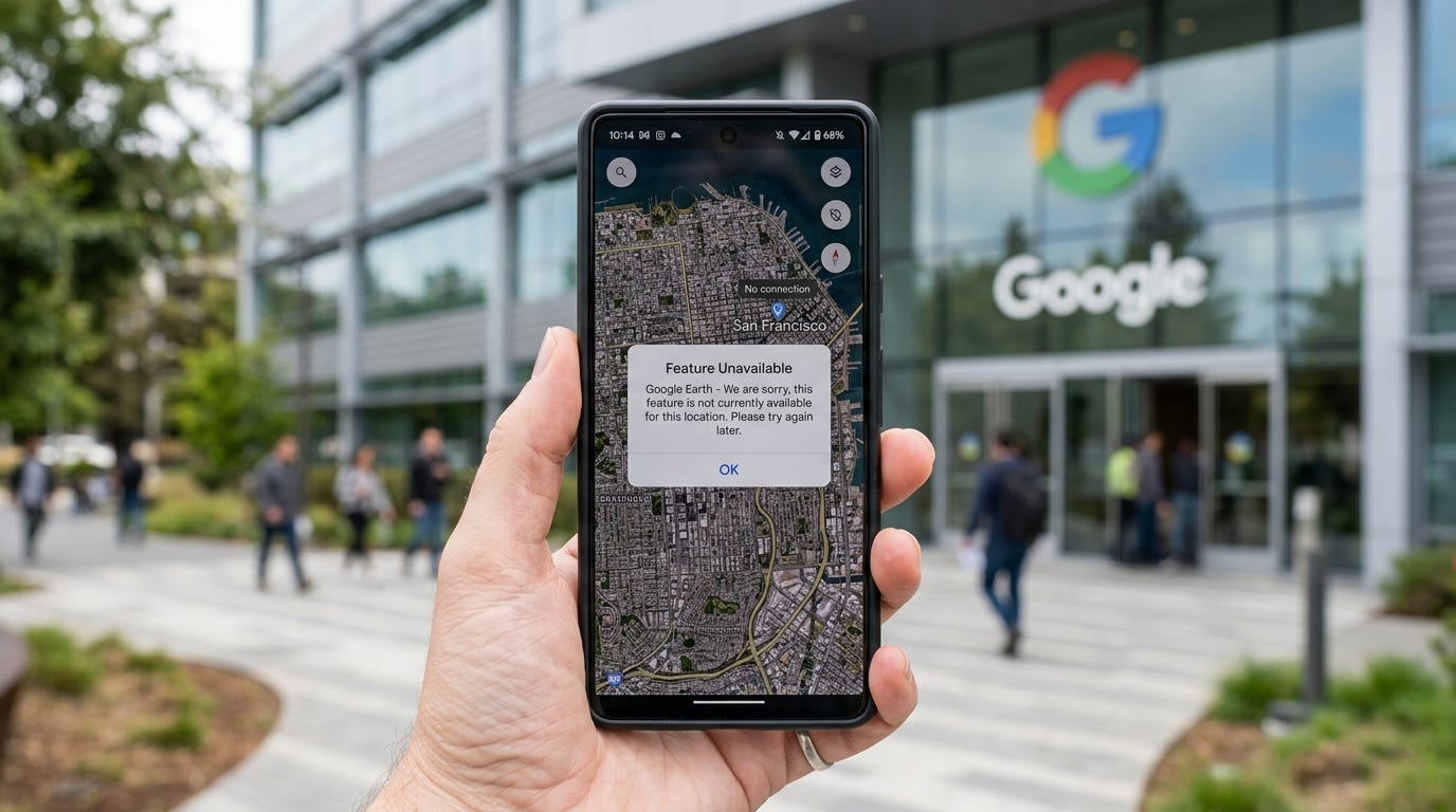 Một bức ảnh chụp bàn tay cầm điện thoại thông minh hiển thị Google Earth, màn hình hiển thị chế độ xem vệ tinh của một thành phố với lớp phủ "Tính năng không khả dụng".