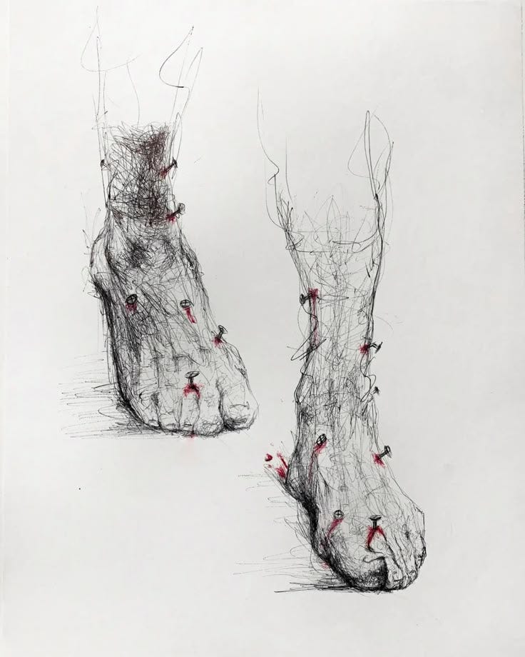 This may contain: two drawings of feet with red dots on them