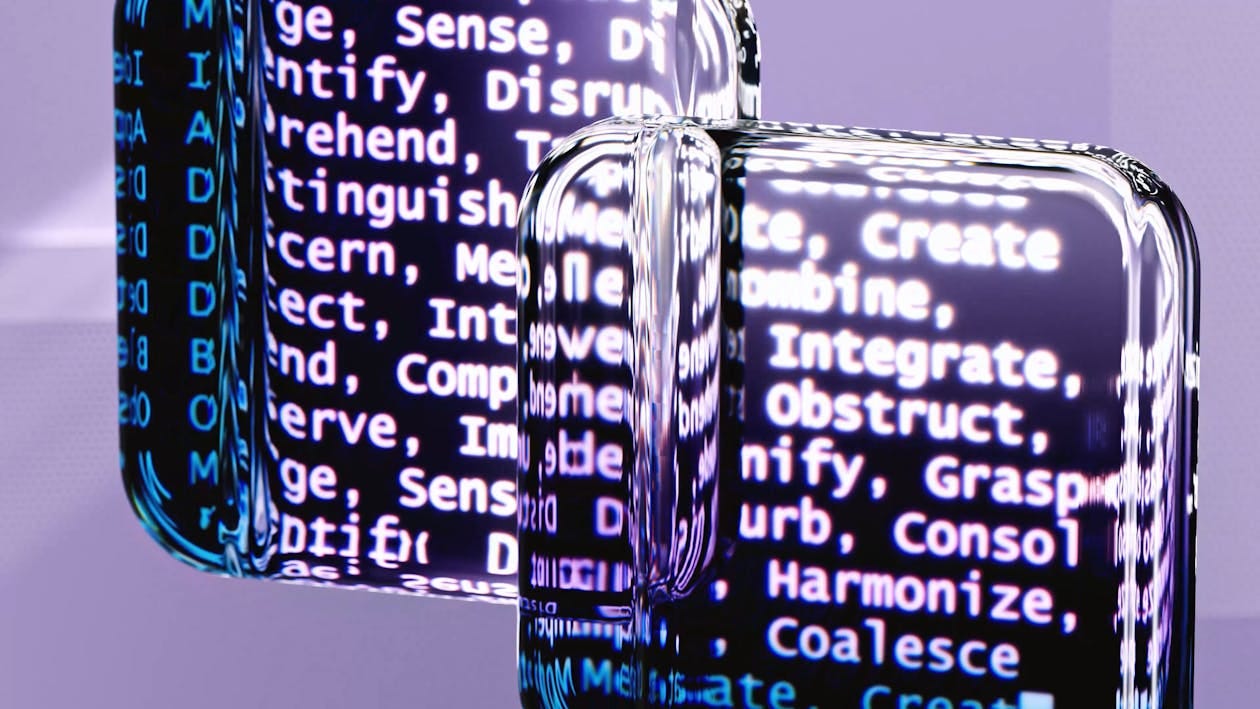 Free Abstract glass surfaces reflecting digital text create a mysterious tech ambiance. Stock Photo Free Abstract glass surfaces reflecting digital text create a mysterious tech ambiance. Stock Photo