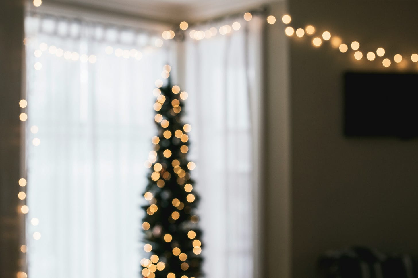 Image of an out-of-focused Christmas tree with lights beside a window.