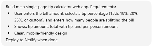 ChatGPT prompt requesting a single-page tip calculator web app with bill splitting, percentage selection, and Netlify deployment