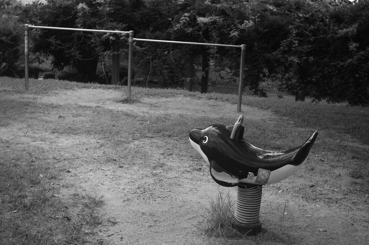 A childs spring action bouncy toy version of a killer whale on a dusty playground