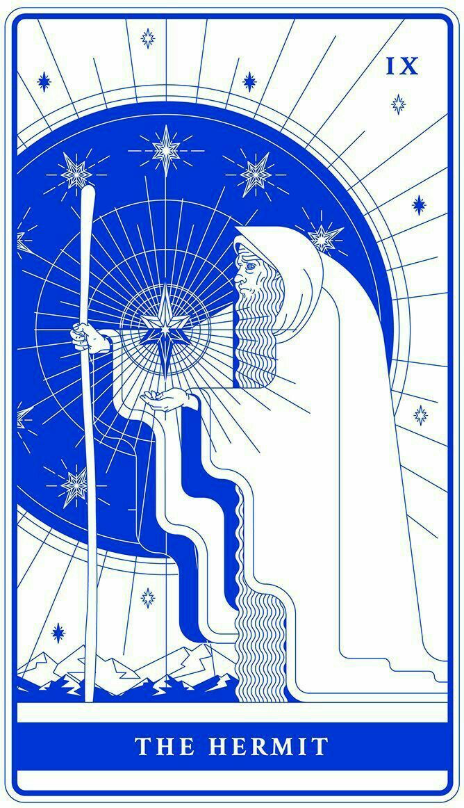 A blue and white depiction of The Hermit. A hooded, male presenting figure with a beard that touches the ground walks with a staff in one hand and a six-pointed star hovering above the other. A blue and white depiction of The Hermit. A hooded, male presenting figure with a beard that touches the ground walks with a staff in one hand and a six-pointed star hovering above the other.