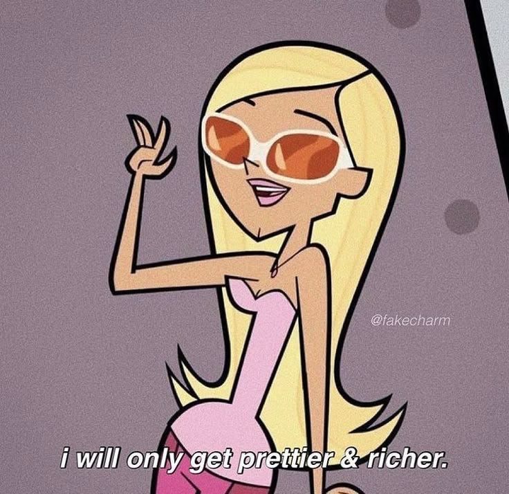 This may contain: a cartoon character with sunglasses on her face and the caption i will only get prettier & richer