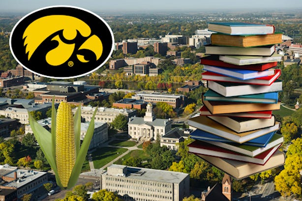 Iowa City with University of Iowa Logo, corn, and a stack of books over it.