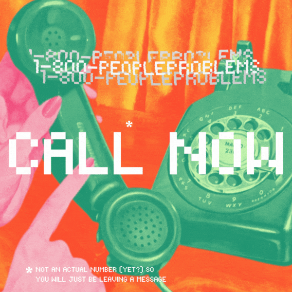an animated gif of the words "CALL NOW" over a green rotary phone, with a pink hand pointing at the phone, over an orange background with a curtain