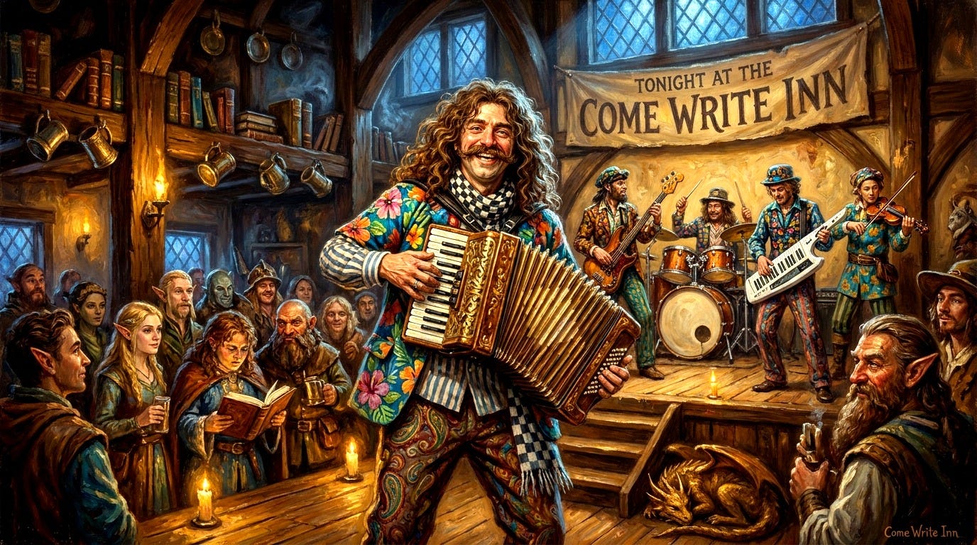 A show-bard in three clashing prints performs on the Come Write Inn stage, his band behind him, the tavern crowd swelling into an arena.