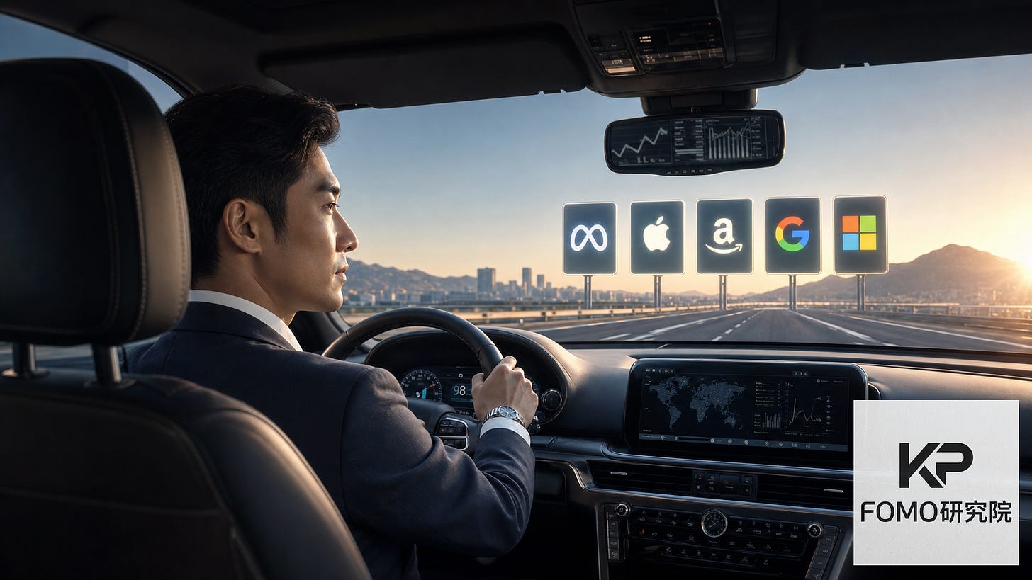 Realistic photo style Interior view from a modern executive car. A handsome professional Chinese man in his late 30s, sharp suit, sits confidently in the driver's seat. Through the front windshield, a clear horizon shows five glowing road signs ahead, each featuring abstracted brand motifs: Meta's infinite loop, Apple, Amazon's arrow, Google's color quartet, Microsoft's grid — rendered as minimalist illuminated icons on dark glass panels. The rearview mirror reflects blurred monochrome charts. Photorealistic 3D render, cinematic lighting, cooltowarm gradient, space for text overlay on left ar 16:9 v 6.0