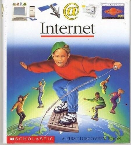 a 90s magazine cover with title 'Internet' shows a boy with baseball cap surving on a computer keyboard