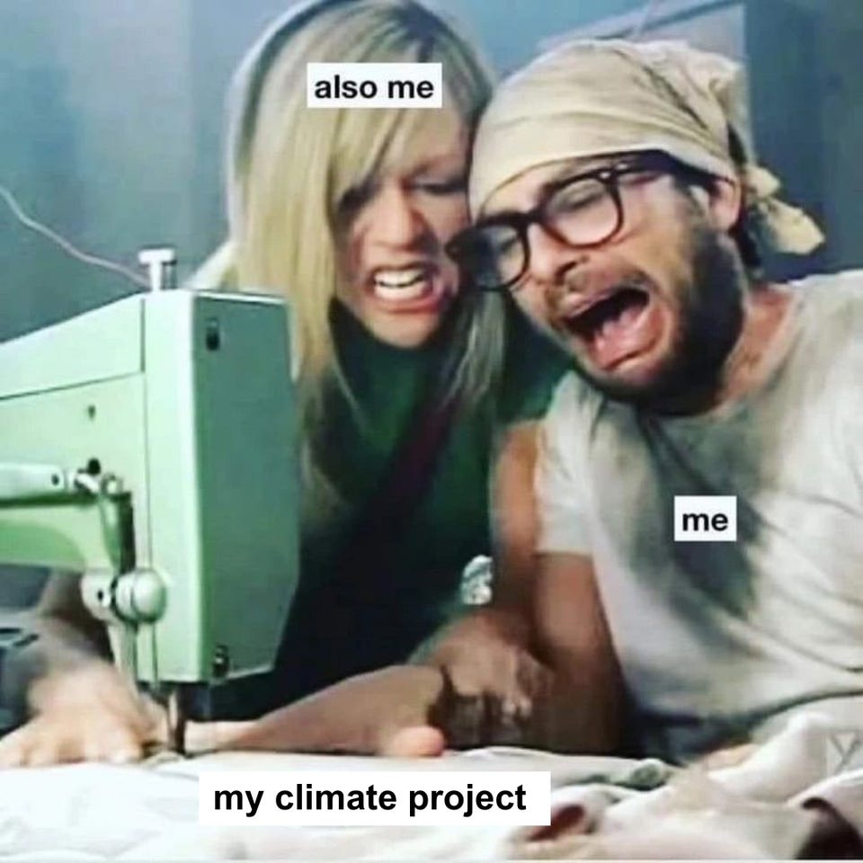 A man and a woman frantically working a sewing machine together, both screaming. The fabric is labelled "my climate project," the man "me" and the woman "also me."