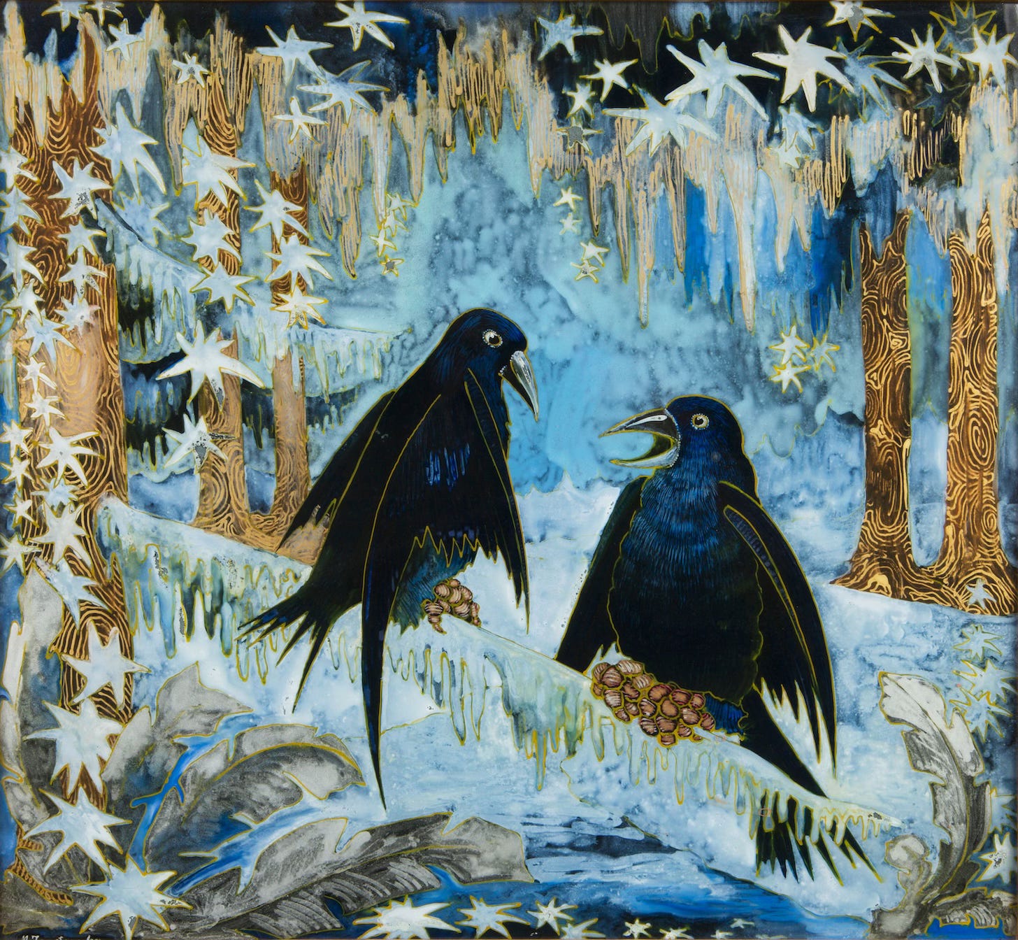 Painted image of Image of two crows in a winter landscape with trees and stars.